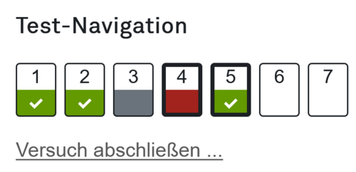 Fortschrittsanzeige im Moodle-Test. Es werden 7 Blöcke angezeigt. Block 1, 2 und 5 sind grün und mit einem Haken markiert. Block 3 grau sowie Block 4 rot makriert und die Blöcke 6 und 7 unmarkiert. 