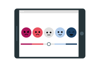 Grafik: Illustration: Tablet mit einer Zufriedenheitsskala mit 5 Abstufungen (v.l.n.r.): (1) dunkelroter Smiley mit heruntergezogenen Mudwinkeln, (2) hellroter Smiley mit etwas weniger heruntergezogenen Mudwinkeln, (3) grauer Smiley mit gradem Mund, (4) hellblauer Smiley mit etwas weniger hochgezogenen Mudwinkeln, (5) dunkelblauer Smiley mit hochgezogenen Mudwinkeln