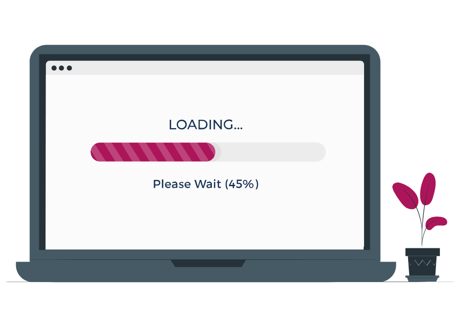Illustration: aufgeklappter Laptop, unvollständiger Ladebalken auf dem Screen, darüber "Loading" und darunter "Please wait, 45%"