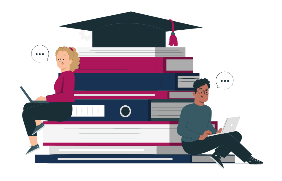 Illistration: Bücherstapel mit einem Uni-Hut oben drauf, links und rechts sitzen jeweils eine Person auf den Bücherkanten, beide haben einen Laptop auf dem Schoß.