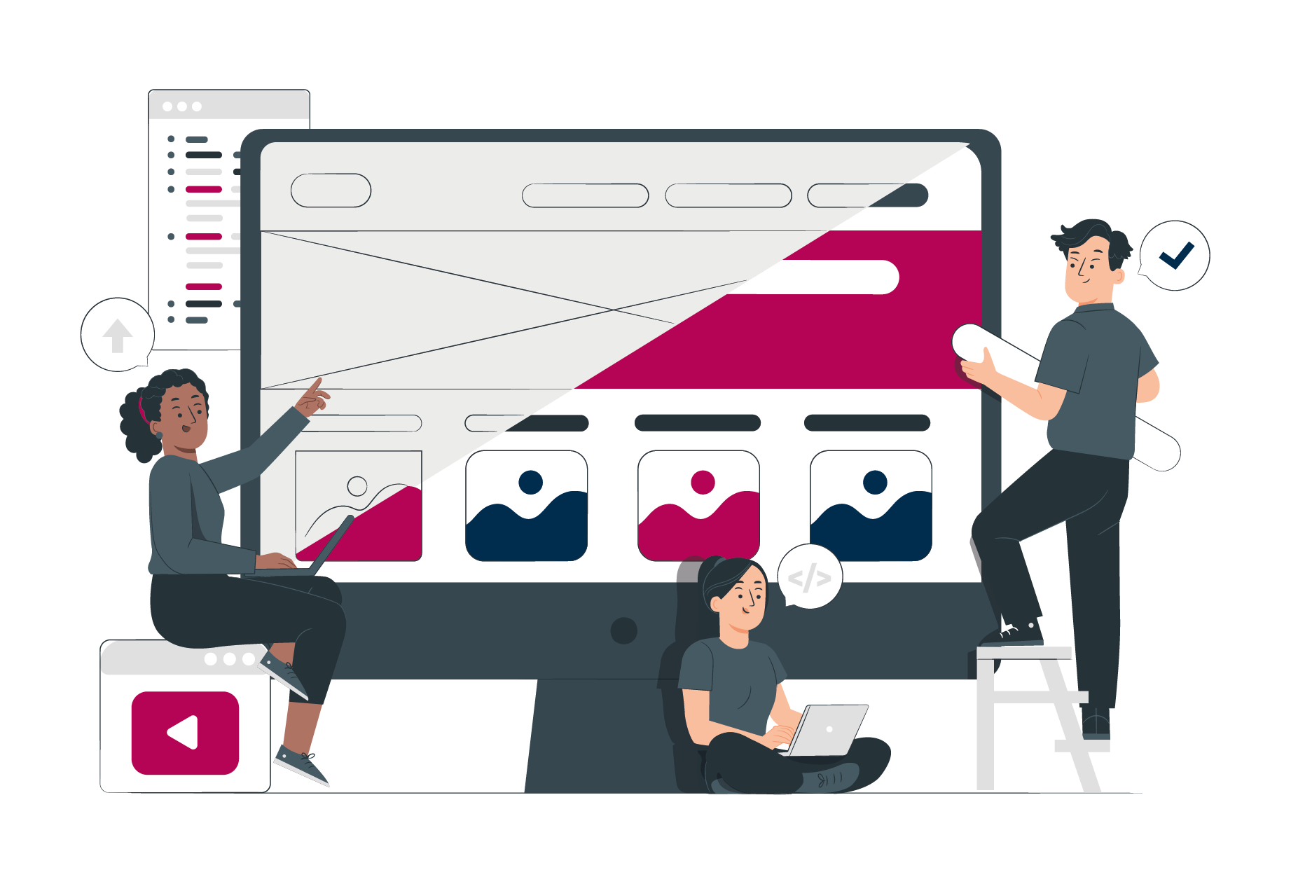 Illustration: 3 Personen arbeiten gemeinsam an der Gestaltung verschiedener Layout-Elementen einer Website auf einem großen Bildschirm.