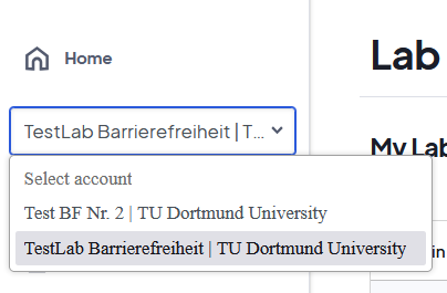 Auswahlmenü Select account: sichtbar sind drei Items: Select account und zwei Namen von Laboren. Ein dunkelgrauer Balken hebt den unteren Labornamen hervor.