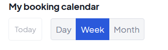 Überschrift "My booking calender", darunter vier Schalter: "Today" hellgraue Schrift in weißen Kasten mit hellgrauem Rand; "Day" graue Schrift in hellgrauem Kasten mit etwas dunkelerem Rand, "Week" weiße Schrift in dunkelblauem Kasten mit weißer Schrift, "Month" graue Schrift in hellgrauem Kasten mit etwas dunkelerem Rand.