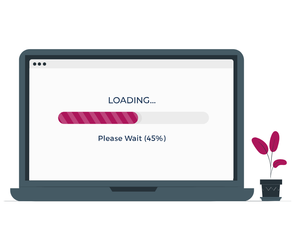 Illustration: aufgeklappter Laptop, unvollständiger Ladebalken auf dem Screen, darüber "Loading" und darunter "Please wait, 45%"