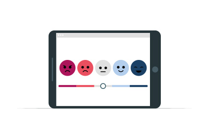 Grafik: Tablet mit einer Zufriedenheitsskala mit 5 Abstufungen (v.l.n.r.): (1) dunkelroter Smiley mit heruntergezogenen Mudwinkeln, (2) hellroter Smiley mit etwas weniger heruntergezogenen Mudwinkeln, (3) grauer Smiley mit gradem Mund, (4) hellblauer Smiley mit etwas weniger hochgezogenen Mudwinkeln, (5) dunkelblauer Smiley mit hochgezogenen Mudwinkeln